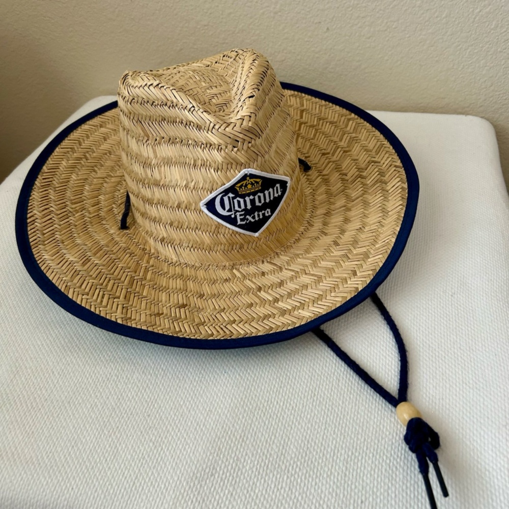 Corona Straw Hat Lifeguard Hat Blue Trim Island Design Chin Strap Corona Patch - Picture 7 of 7